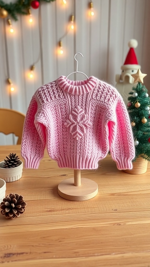 Cozy Pink Christmas Jumper Recipe A pink Christmas jumper with a snowflake design on a rustic table with festive decorations.
